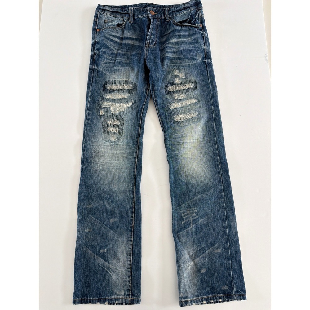 Clockhouse‎ Mens Vintage Y2K Distressed Fade Stitch Denim Jeans Blue 32x34